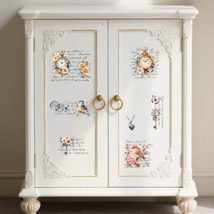 Peacoblue Clock Flowers Bird Rub On Transfers for Furniture Craft 6"x12" - style: Clock Flowers Bird