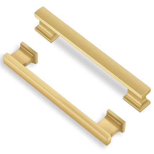 Lardmon 10 Pack 5 Inch(128mm) Hole Center Brushed Gold Kitchen Cabinet Handles Modern Cabinet Pulls Kitchen Cabinet Hardware Solid Drawer Pulls Handles for Dresser, Total Length 6.06 Inch - color: Brushed Gold, size: 5 Inch Hole Center