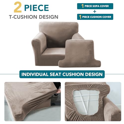 2 Pieces T Cushion Chair Covers with Arms Thick Velvet Couch Cover Stretch T Cushion Sofa Covers for Living Room Chair Cover with Individual T Cushion Covers , Washable (1 Cushion Chair, Taupe) - color: Taupe, size: Armchair (1 Cushion)