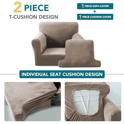 2 Pieces T Cushion Chair Covers with Arms Thick Velvet Couch Cover Stretch T Cushion Sofa Covers for Living Room Chair Cover with Individual T Cushion Covers , Washable (1 Cushion Chair, Taupe) - color: Taupe, size: Armchair (1 Cushion)