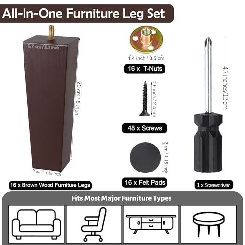 TURSTIN 16 PCS 8 Inch Wood Furniture Legs, Couch Legs Replacement, Brown - color: Brown, size: 8 Inch