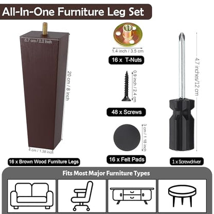 TURSTIN 16 PCS 8 Inch Wood Furniture Legs, Couch Legs Replacement, Brown - color: Brown, size: 8 Inch