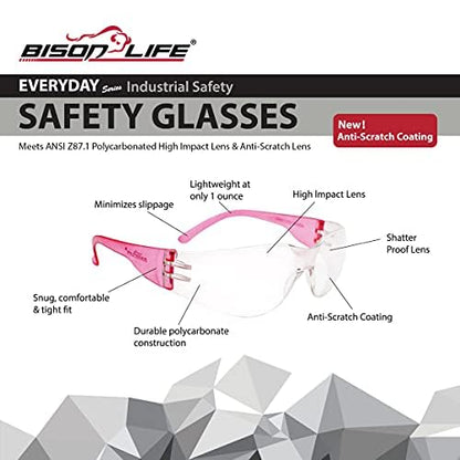 BISON LIFE Clear/Color Safety Glasses for Men & Women ANSI Z87.1, 6 Pack - color: Clear/6 Colors