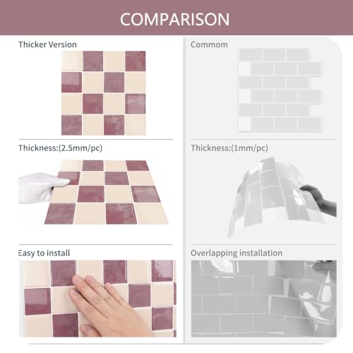 10 Sheets Upgraded Thicker Design Tile Peel and Stick Backsplash - color: Pink