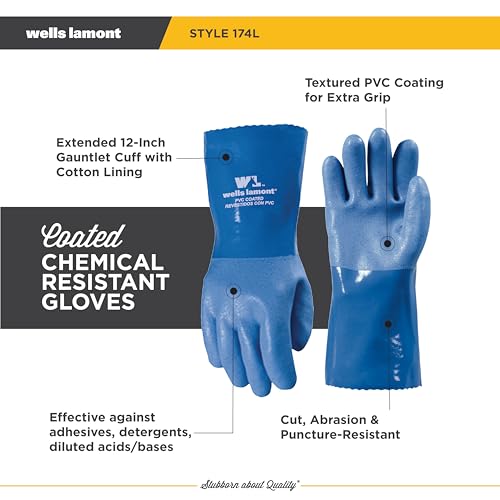 Wells Lamont PVC Chemical Resistant Gloves, Textured Grip, Gauntlet Cuff
