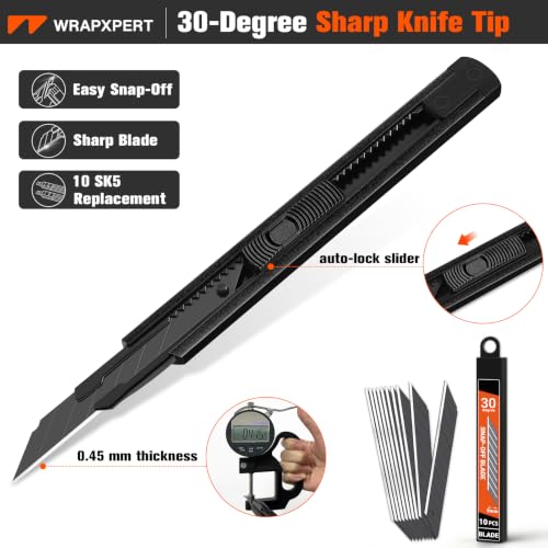 WRAPXPERT Utility Knife Retractable with 30 Degree Snap Off Blade,Box Cutter for Carton,Razor Knife Exacto Craft,3 Pack Retractable Knife for Office,Home Use,with 30 Extra 9mm Blades