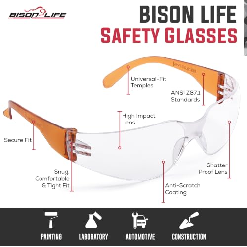 BISON LIFE Clear/Orange Safety Glasses for Men & Women, ANSI Z87.1, 6 Pack - color: Clear/Orange