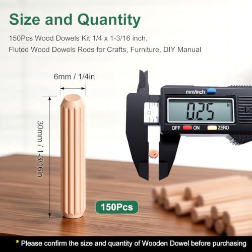 150Pcs Wood Dowels Kit 1/4 x 1-3/16 inch, Wooden Dowel Pins, Fluted Wood Dowels Rods for Crafts, Furniture, DIY Manual - size: 1/4" x 1-3/16"