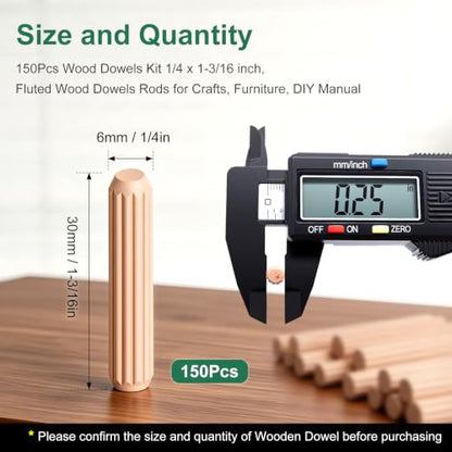 150Pcs Wood Dowels Kit 1/4 x 1-3/16 inch, Wooden Dowel Pins, Fluted Wood Dowels Rods for Crafts, Furniture, DIY Manual - size: 1/4" x 1-3/16"