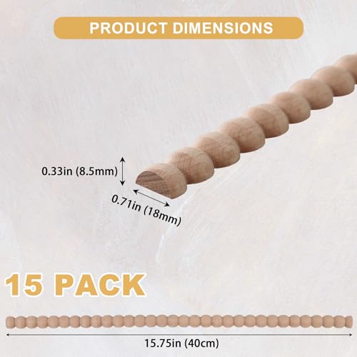 Soengsau 15-Pack 15.75" Unfinished Wood Beaded Trim - Easy to Paint, Cute Decorative Molding DIY Craft for Furniture Frame, Mirror Edge, Wall, Door, Closet, Dresser, Shelf - size: 0.71" (18mm)