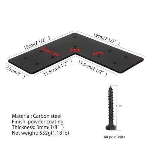 4packs Black L Brackets Corner Brace 90 Degree Right Angle Metal Heavy Duty Angle Bracket for Wood Furniture Shelf Cabinet Repair Support Joint Fastener with Screws 7.5x7.5x3” Large Connector - size: 4packs-Flat L shape