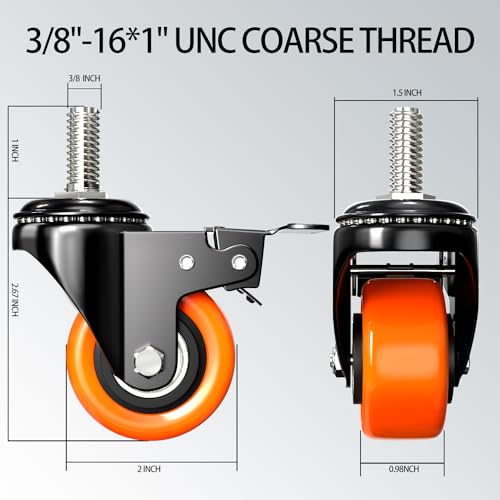 Caster Wheels Heavy Duty 2 Inch Stem Caster 600Lbs, Threaded Stem Casters 3/8"-16 x 1(Stem Diameter 3/8", Stem Length 1"), Safety Locking Caster Set of 4, Industrial Castor Wheels for Cart,Furniture - size: 2 Inch_3/8"-16x1"