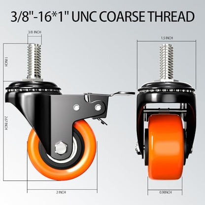 Caster Wheels Heavy Duty 2 Inch Stem Caster 600Lbs, Threaded Stem Casters 3/8"-16 x 1(Stem Diameter 3/8", Stem Length 1"), Safety Locking Caster Set of 4, Industrial Castor Wheels for Cart,Furniture - size: 2 Inch_3/8"-16x1"