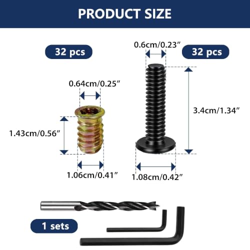 Threaded Inserts for Wood 32 Sets 1/4"-20 – Furniture Hardware Kit with 1-3/4" Hex Bolts, Pilot Drill Bit & 2 Wrenches for Furniture Assembly, Drawer Repair, Cabinet Hinges (Screw in Nut Set) - size: 30+2 PCS
