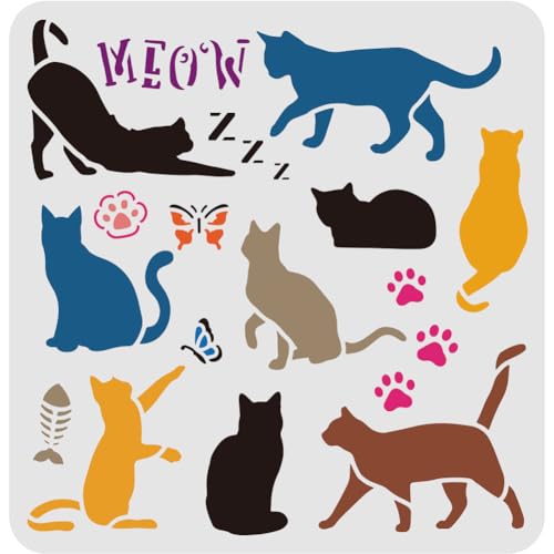 FINGERINSPIRE Cat Drawing Painting Stencils Templates (11.8x11.8 inch) Butterfly, Cat's paw,Butterfly, Fish Plastic Square Reusable Stencils for Painting on Wood, Floor, Wall and Fabric - color: Cat and Paw Print