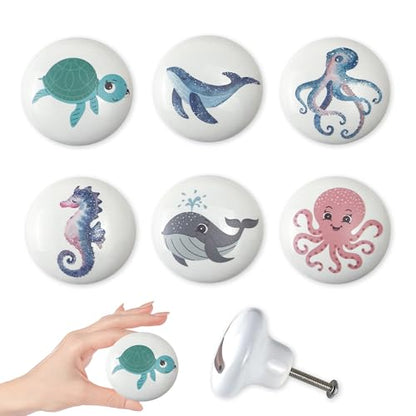Set of 6 Ceramic Coastal Beach Starfish Themed Cabinet Dresser Knobs and Drawer Pulls Octopus Door Handle 1.5 X 1.5 Inches - size: whale