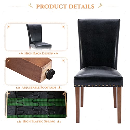 Parsons Dining Chairs Set of 2, Upholstered Nailhead PU Leather Dining Room Kitchen Side Chair with Thick Cushions and Wood Legs, Black - color: Black, size: set of 2