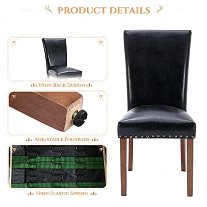 Parsons Dining Chairs Set of 6, Upholstered Nailhead PU Leather Dining Room Kitchen Side Chair with Thick Cushions and Wood Legs, Black - color: Black, size: set of 6