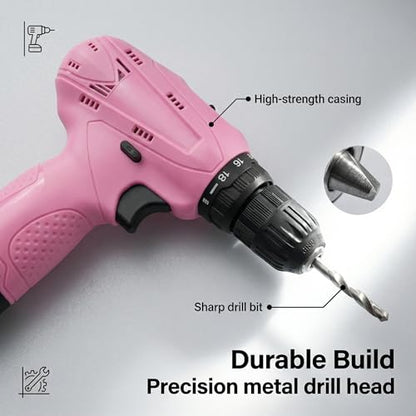 12V Pink Cordless Drill Set with Battery and Charger for Women DIY
