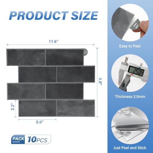 Thicker Design Peel and Stick Wall Tile，Self Adhesive Backsplash Tiles for Kitchen & Bathroom (10 Sheets, Grey) - color: Gray