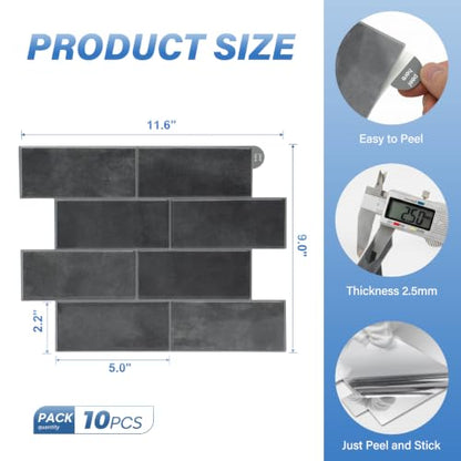 Thicker Design Peel and Stick Wall Tile，Self Adhesive Backsplash Tiles for Kitchen & Bathroom (10 Sheets, Grey) - color: Gray