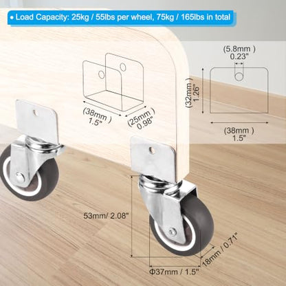 PATIKIL 1.5" Swivel Caster Wheels W/ 0.98" U Bracket Total Load 165lbs 4Set