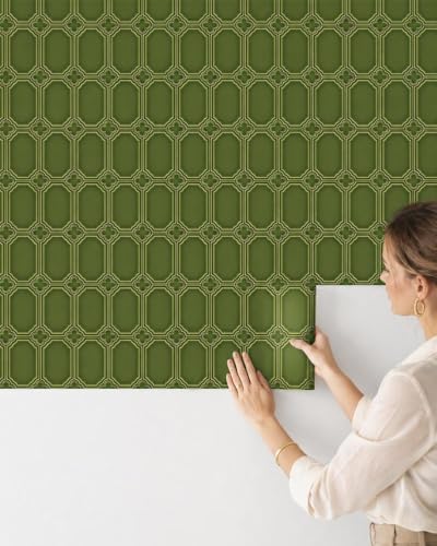 壁紙屋本舗 Retro Tile Peel and Stick Wallpaper Removable Green 9in×19.7ft - color: Green Tile