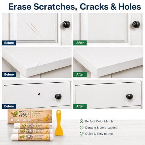White Wood Filler Sticks 3 Pack, Quickly White Wax Fill Stick, Wood Repair Kit for Scratches, Crack, Scuffs, Gouges on Wooden Funiture, Floors, Cabinets, Tables, and Doors