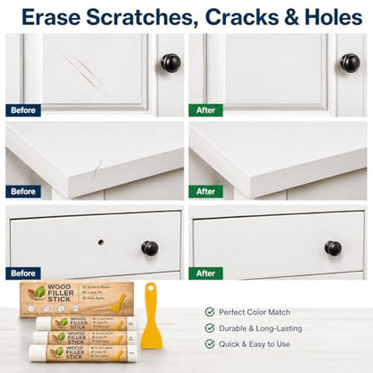 White Wood Filler Sticks 3 Pack, Quickly White Wax Fill Stick, Wood Repair Kit for Scratches, Crack, Scuffs, Gouges on Wooden Funiture, Floors, Cabinets, Tables, and Doors