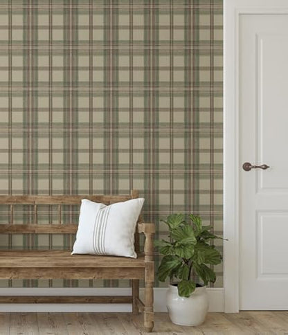 NextWall Harry & Grace Herringbone Plaid Premium Matte Non-Woven Peel and Stick Wallpaper (Clay & Sage) - color: Clay & Sage