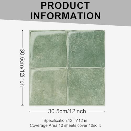 10 Sheets Thicker Design Peel and Stick Backsplash, 3D Self Adhesive Peel and Stick Wall Tile Backsplash for Kitchen, Bathroom, 12"x12", Light Green - color: Light Green