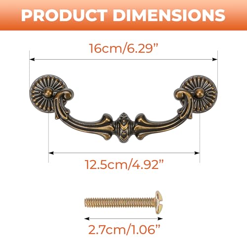 Antique Brass Drop Bail Pulls 5 Inch Hole Spacing – Vintage Handle for Dresser, Cabinet, Wardrobe – 128mm C-C Bail Pull, Bronze Metal Hardware, Shabby Chic Floral Knobs Replacement