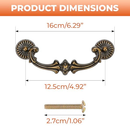 Antique Brass Drop Bail Pulls 5 Inch Hole Spacing – Vintage Handle for Dresser, Cabinet, Wardrobe – 128mm C-C Bail Pull, Bronze Metal Hardware, Shabby Chic Floral Knobs Replacement