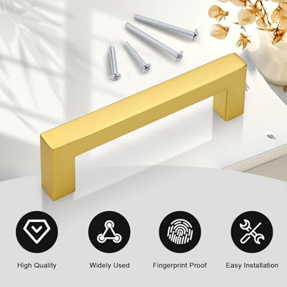 Probrico Gold Cabinet Handles 3-3/4 Inch(96mm) Hole Centers Drawer Pulls Stainless Steel Kitchen Cabinet Handles, Antique Brushed Brass Square Drawer Handles Modern Cabinet Hardware 30 Pack - color: Gold, size: hole center 3-3/4"