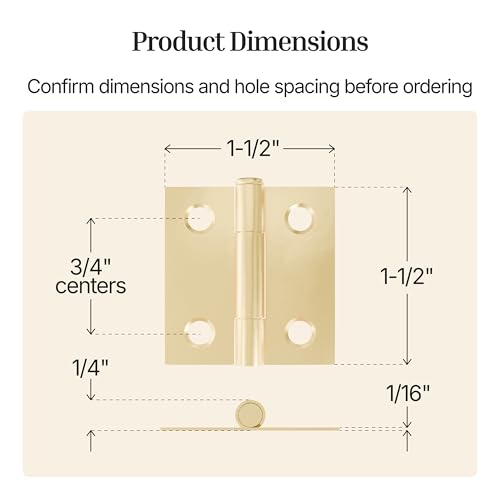 Brass Butt Hinges with Removable Pin - 1-1/2" x 1-1/2" - Pack of 2 - Cabinet Door Hinges - UA-266-HPB (1) - color: Brass