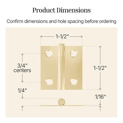 Brass Butt Hinges with Removable Pin - 1-1/2" x 1-1/2" - Pack of 2 - Cabinet Door Hinges - UA-266-HPB (1) - color: Brass