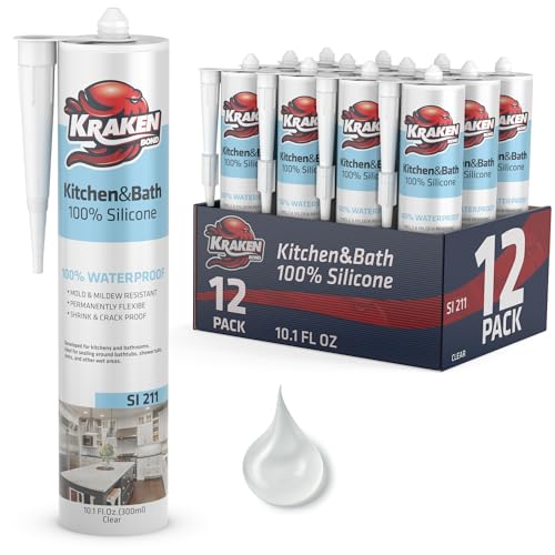 Kraken Bond Premium RTV Silicone Sealant Clear, 12x10.1 fl.oz. 100% Waterproof Silicone Caulk for Kitchen, Bathroom, Shower, Sink, Tub, Window & Door - size: 12 Pack