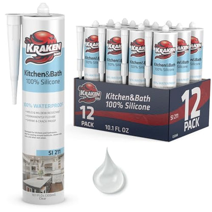 Kraken Bond Premium RTV Silicone Sealant Clear, 12x10.1 fl.oz. 100% Waterproof Silicone Caulk for Kitchen, Bathroom, Shower, Sink, Tub, Window & Door - size: 12 Pack