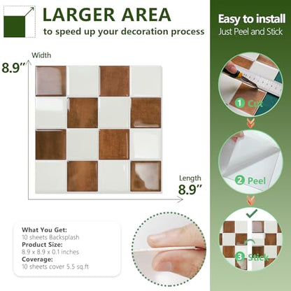 STICKGOO 10 Sheets Peel and Stick Backsplash - 9" x 9" 4D Adhesive Peel and Stick Tile Backsplash for Kitchen&Bathroom - color: White,Orange