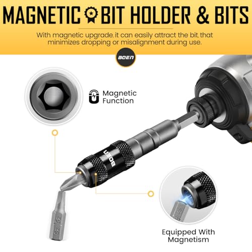 boen 14PCS Pivoting Magnetic Bit Holder with Screwdriver Bits, Swivel Drill Bit Extension, 1/4-Inch SAE Hex Shank, for Impact Driver, Narrow Corners Use