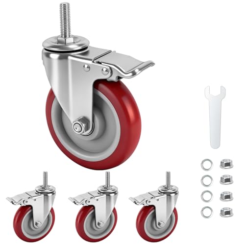 Caster Wheels,5 Inch Locking Swivel Caster for Furniture with Threaded Stem - size: 5"4pack