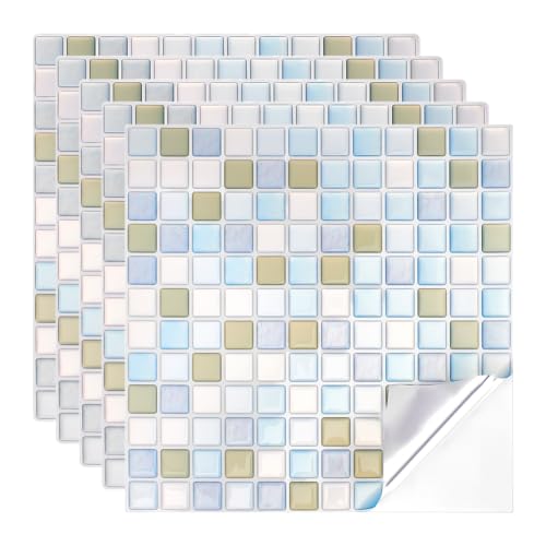 PH PandaHall 5pcs 3D Mosaic Tile Sticker, Peel and Stick Backsplash Tile Waterproof Self Adhesive Wall Tiles for Kitchen Bathroom Sink Home Decor, Light Sky Blue, 9.3x9.3inch Covering 3 Sq.ft - color: Light Sky Blue