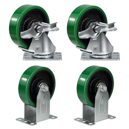 4'' Caster Wheels Heavy Duty Casters, Polyurethane on Cast Iron, Swivel Casters Set of 4 Wheesl for Cart Toolbox, 1800lbs Capacity (2 Brake & 2 Rigid) - style: 2 Brake & 2 Rigid