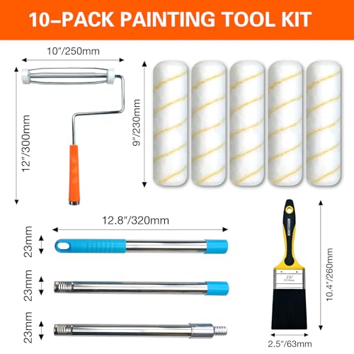 King Origin 10 PCS Paint Roller Kit, Extension Pole (4 ft) - color: 9" Rollers, 10-Pack