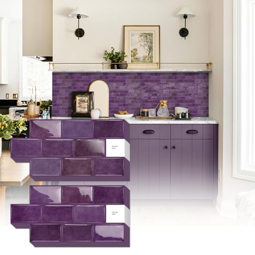 Alwayspon 6x12inchx10Pcs Self Adhesive Wall Tile Sticker, Peel and Stick Adhesive Waterproof Backsplash Stick on Tile Decals for Kitchen Bathroom Wall, Deep Purple - color: Deep Purple