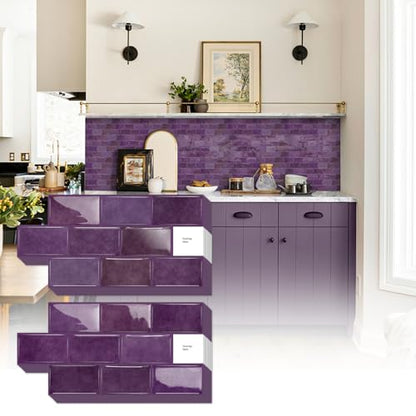 Alwayspon 6x12inchx10Pcs Self Adhesive Wall Tile Sticker, Peel and Stick Adhesive Waterproof Backsplash Stick on Tile Decals for Kitchen Bathroom Wall, Deep Purple - color: Deep Purple
