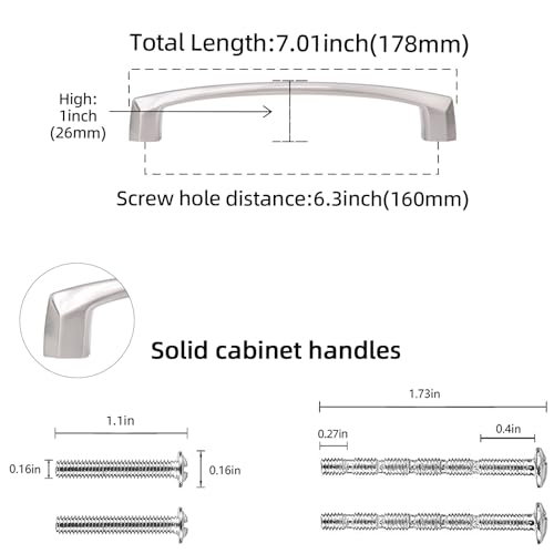 10 Pack 6.3 Inch Brushed Satin Nickel Kitchen Cabinet Handles - color: Brushed Satin Nickel, size: 6-1/4" Hole Center（160mm）