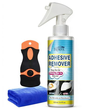 Adhesive Remover for Cars, Car Glue & Sticker Remover Spray, Removes Decal, Label & Tape Residue, Safe for Car Paint, Glass, Metal & Plastic, Includes Scraper, Spatula & Towel, 3.4oz/100ml