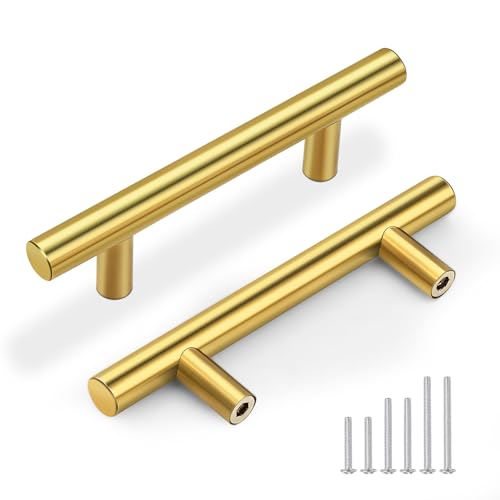 Gobrico 10 Pack 2-1/2" (64mm) Hole Center Cabinet Handles, Brushed Gold Cabinet Pulls, Brushed Brass Stainless Steel Drawer Pulls, 4" Overall Length - color: Gold, size: 2-1/2 Inch Hole Center