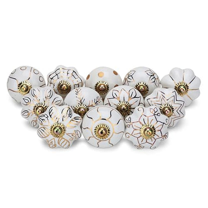 Craft Trade Decorative Ceramic Cabinet & Drawer Knobs – Kitchen Cabinet Hardware, Wardrobe, Cupboard & Dresser Pull Handles – Handmade Furniture Knobs (Off White, Set of 12) - color: Gold, style: 12